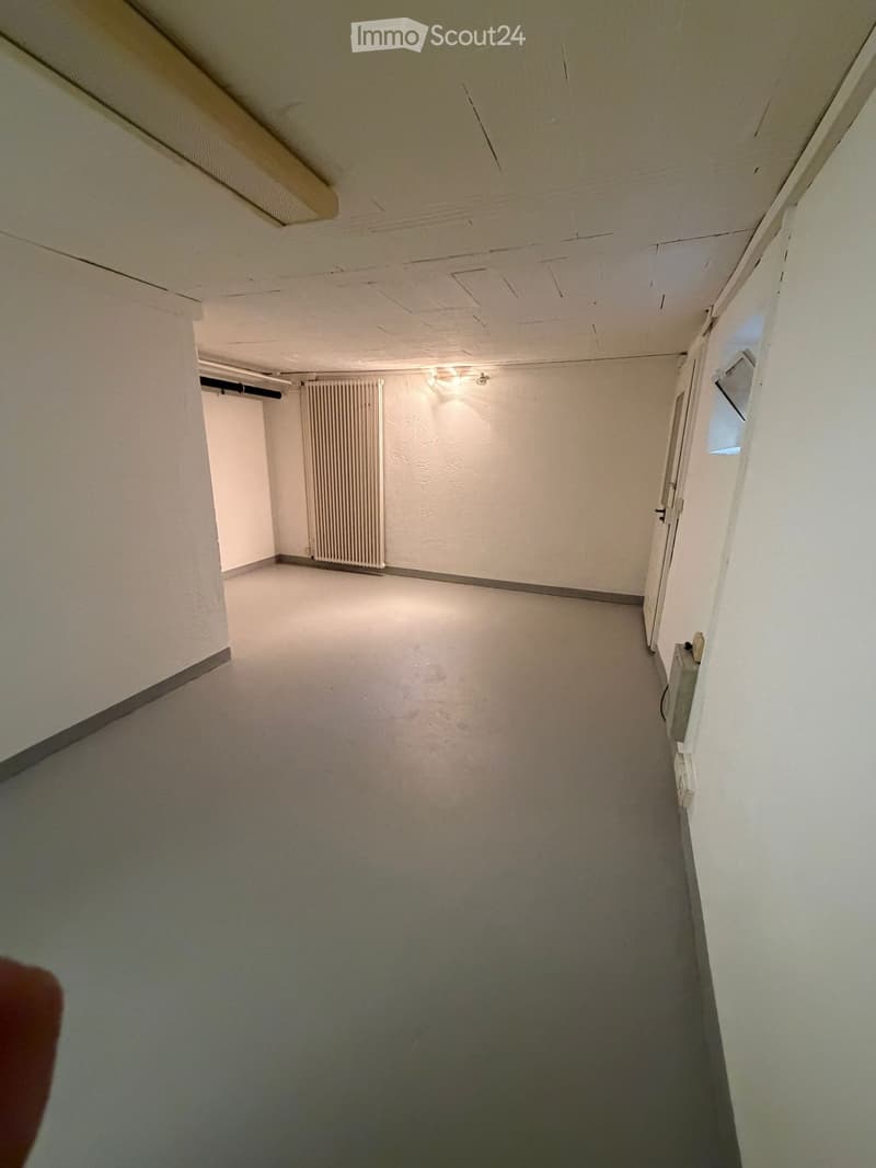 Empty room, white walls, gray floor, white ceiling, radiator, light fixture, power outlet