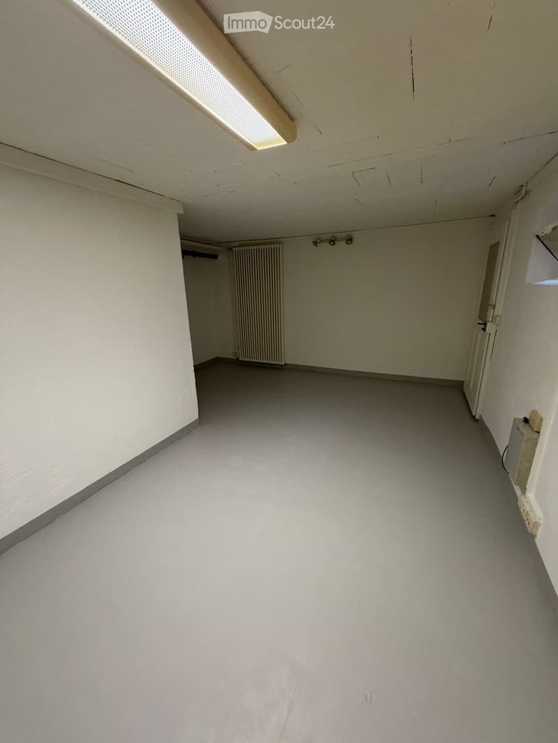 Empty room with white walls, gray floor, a white radiator, and a ceiling light.