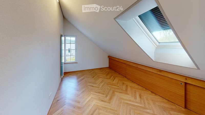 empty room, wooden floor, white walls, window, skylight