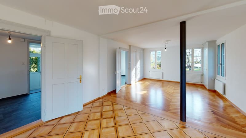 Empty room with wooden parquet flooring, white walls, open doors, windows, and radiators