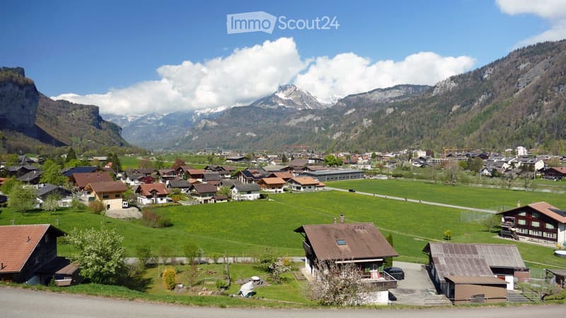 Mountain village with several houses, green fields, and mountains in the background