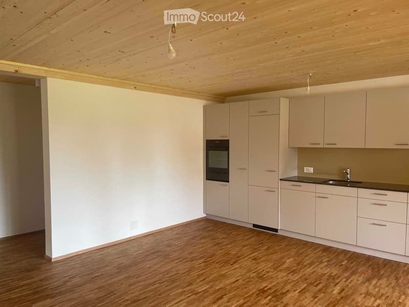 wooden ceiling, wooden floor, white kitchen with drawers, black countertop, electric oven, modern lighting, open space