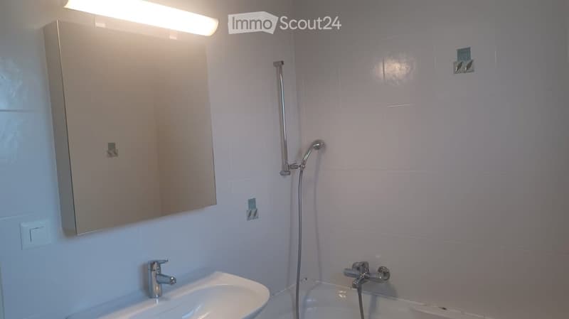 Bathroom with white tiles, a sink, a mirror, a bathtub, and a shower head.