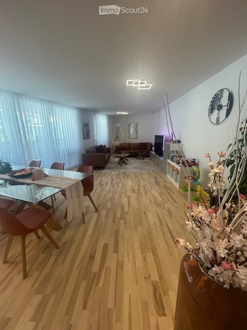 Spacious room with wooden floor, dining table, chairs, couch, rug, television, plant, clock, shelves, flowers, and plant pot.