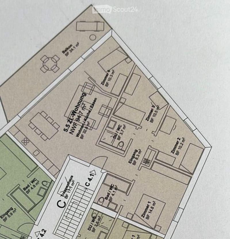 Floor plan showing living room, kitchen, 4 bedrooms, 2 bathrooms, and a balcony.