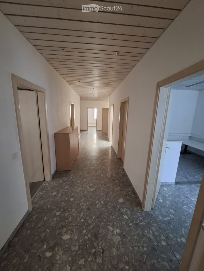 Empty corridor with wooden ceiling, granite floor, and doors on both sides.