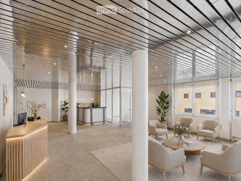 Modern office reception area with a wooden reception desk, white chairs, a coffee table, and potted plants. The room has a carpet, a ceiling with metal beams, and large windows.