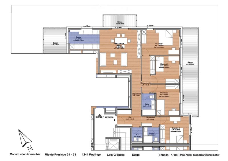 Floor plan with living room, kitchen, 3 bedrooms, 2 bathrooms, balcony, and a mezzanine.