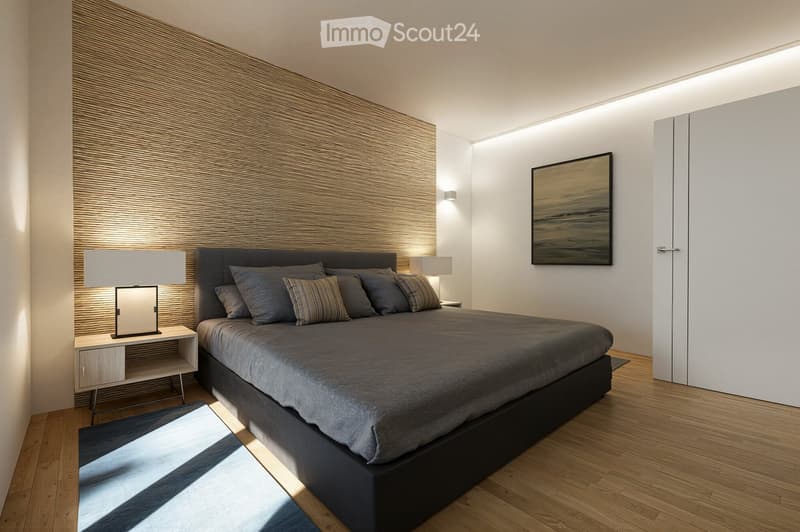 Modern bedroom with wooden floor, textured wall, bed, nightstands, lamps, rug, and artwork.