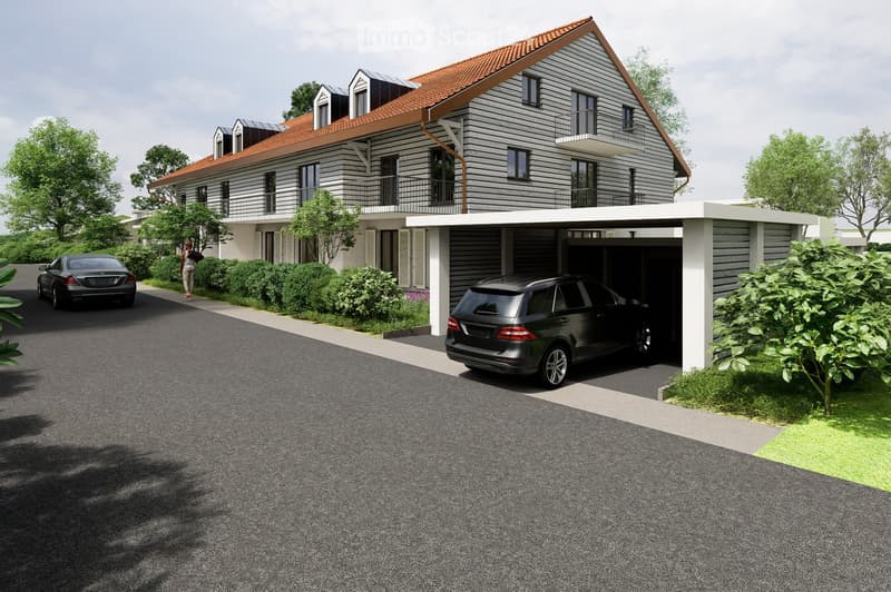 Modern two-story house with a red roof, solar panels, and a garage.