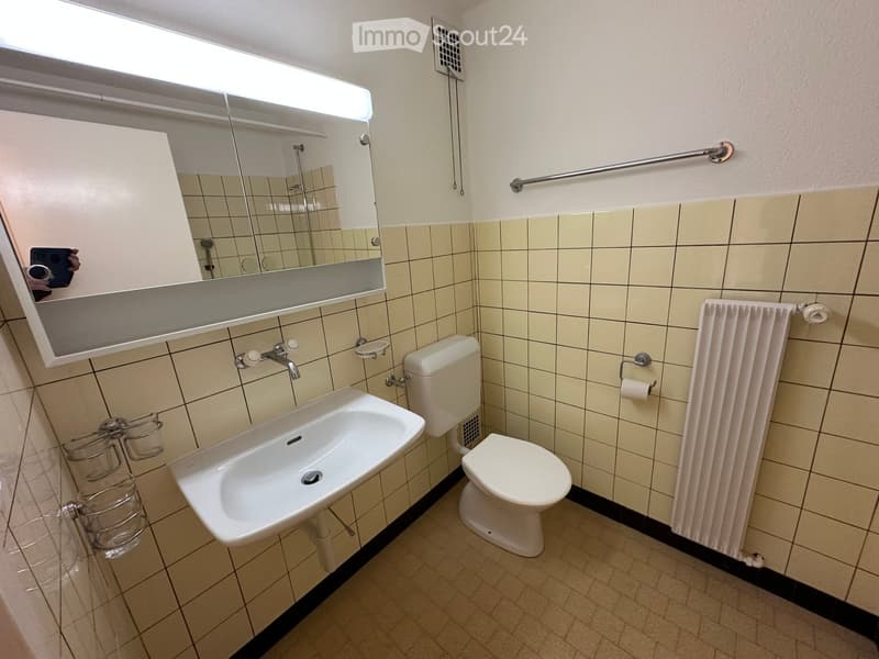 white sink, white toilet, mirror, tiled floor, radiator, toilet paper holder