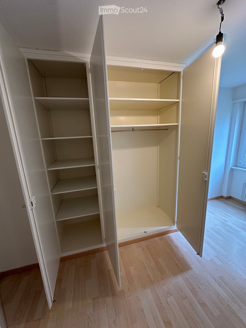 an empty wardrobe with multiple shelves and a hanging rod