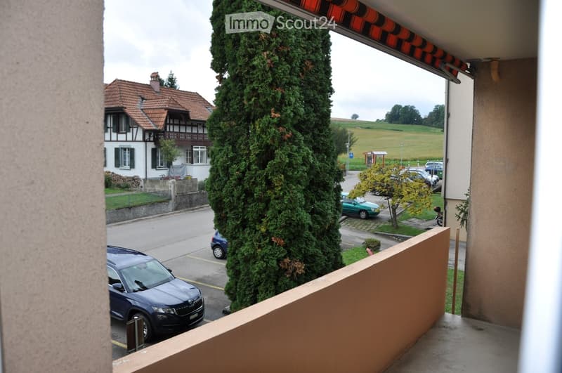 Balcony / Terrace. Balcony overlooking a street with parked cars, a large tree, and a traditional house in the background.