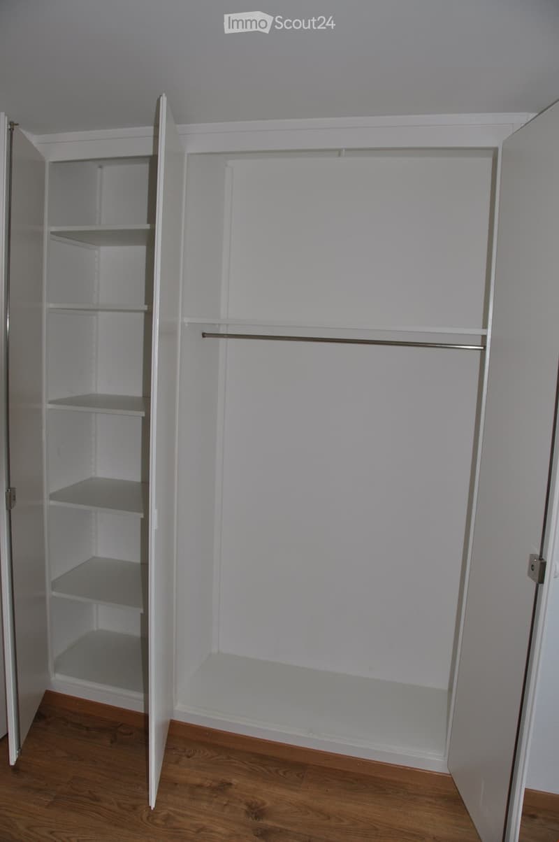 a built-in wardrobe with multiple shelves and a hanging rod