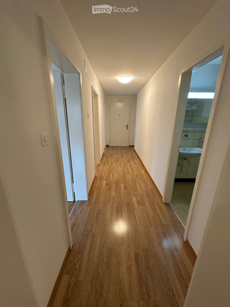 corridor with wooden floor and white walls, with a lamp on the ceiling