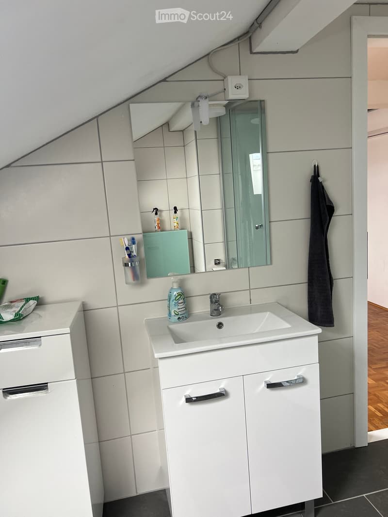 Bathroom. Modern bathroom with white tiled walls, a white sink cabinet, a large mirror, and a towel hanging on the wall. A bottle of hand soap is placed on the sink.