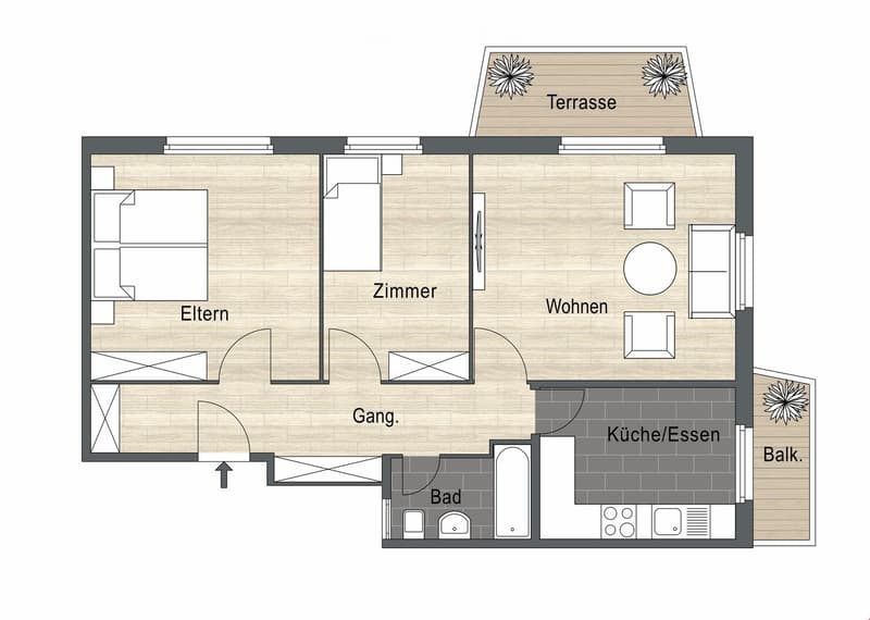 2 bedrooms, living room, kitchen, bathroom, hallway, balcony