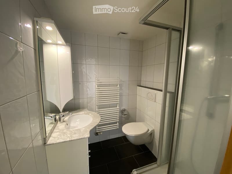 Bathroom with white tiles, white sink, white toilet, glass shower enclosure, white towel rack