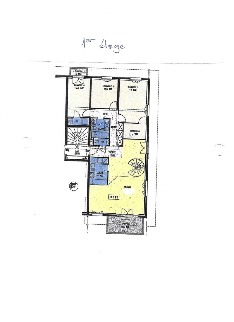 Floor plan with 4 bedrooms, 2 bathrooms, kitchen, living room, dressing, balcony