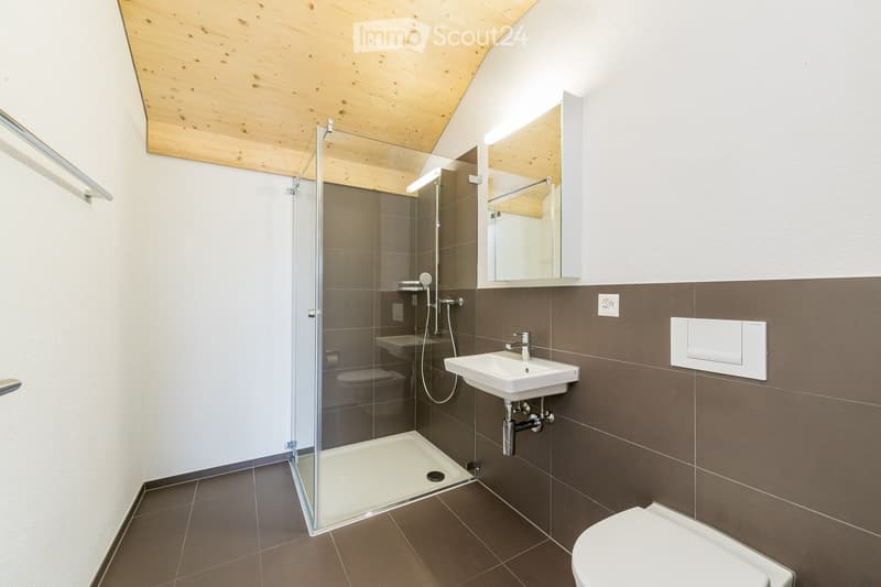 modern bathroom with shower, sink, toilet, wooden ceiling, tiled floor