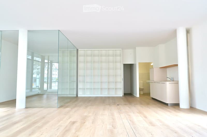 An empty room with a glass wall, wooden floor, and white walls. There is a large white shelf, a glass door, and a white cabinet with a sink and faucet. The room has a modern and minimalist design.