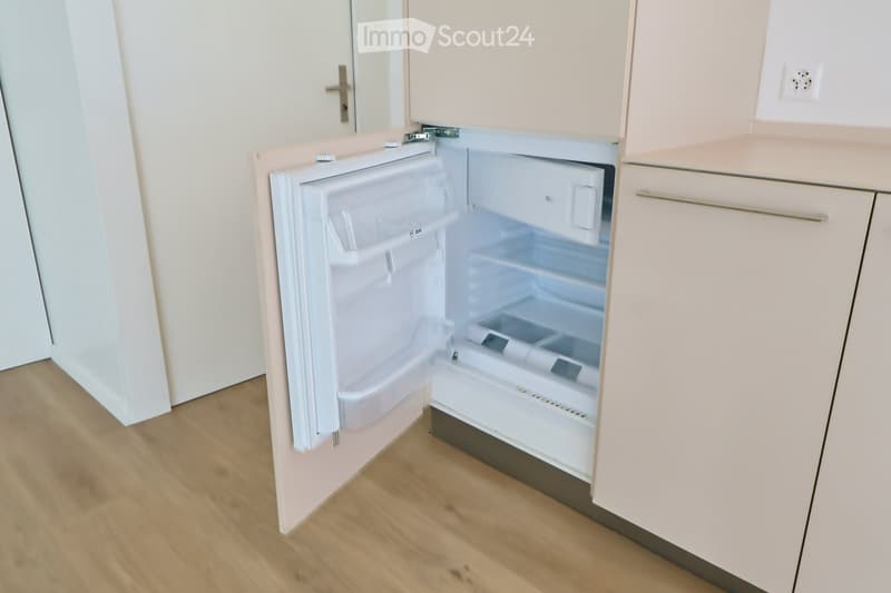 Modern kitchen with white cabinets, wooden floor, and an open refrigerator.