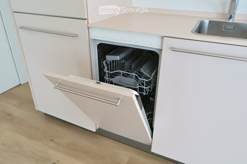 Modern kitchen with white cabinets, wooden floor, open dishwasher, and stainless steel sink.