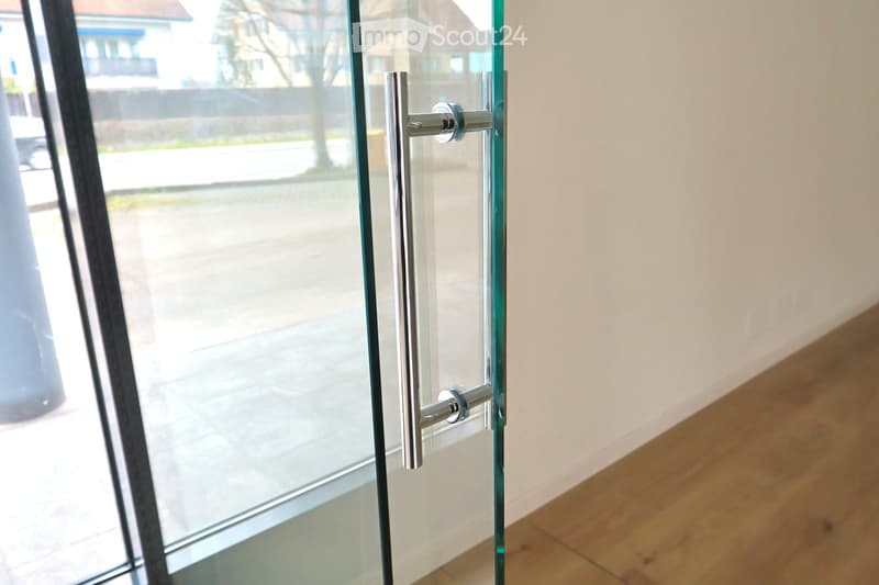 A glass door with a silver handle is open, revealing a view of a street with a car and a tree outside. The door is made of glass and has a silver handle on the right side. The door is probably in a room with a white wall and a wooden floor. The glass door