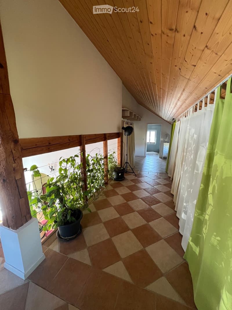 A narrow hallway with a checkered tile floor, wooden ceiling beams, and potted plants on the left side. The hallway leads to another room with a visible door and window.