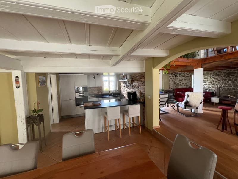 Open-plan living and dining area with a kitchen, living room, and dining area. The kitchen features a black island with white cabinets, an oven, and a fridge. The living room has a red sofa, a white armchair, and a fireplace. The dining area includes a wo
