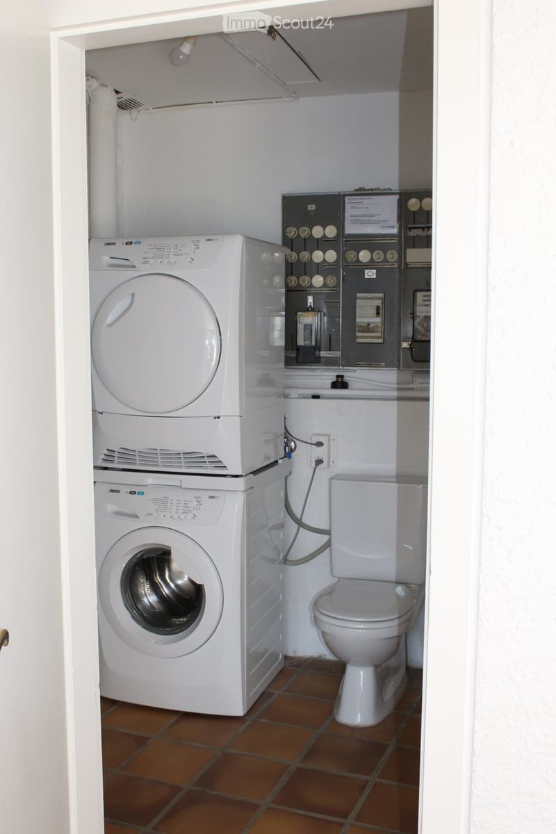 Furnished Room. Small room with tiled floor, a washing machine, a dryer, a toilet, and an electrical panel.