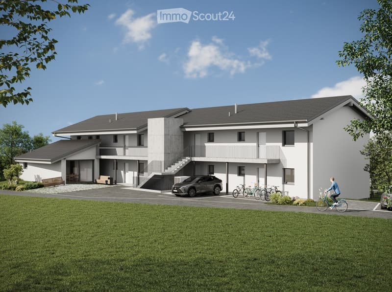 Modern two-story house, white exterior, gray roof, large windows, garage, bicycles parked, person riding a bicycle, car parked in front