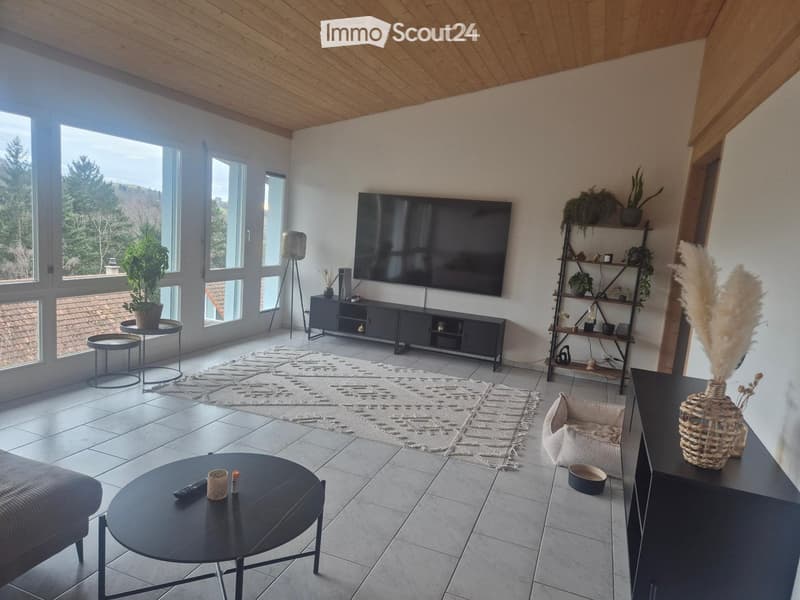 large windows, flat screen TV, rug, coffee table, side tables, shelves with plants, floor lamp
