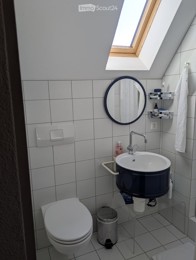 Compact bathroom with white tiles, a toilet, sink, mirror, and a small trash can. The sink has a faucet and a soap dispenser. A towel is hanging on a rack.
