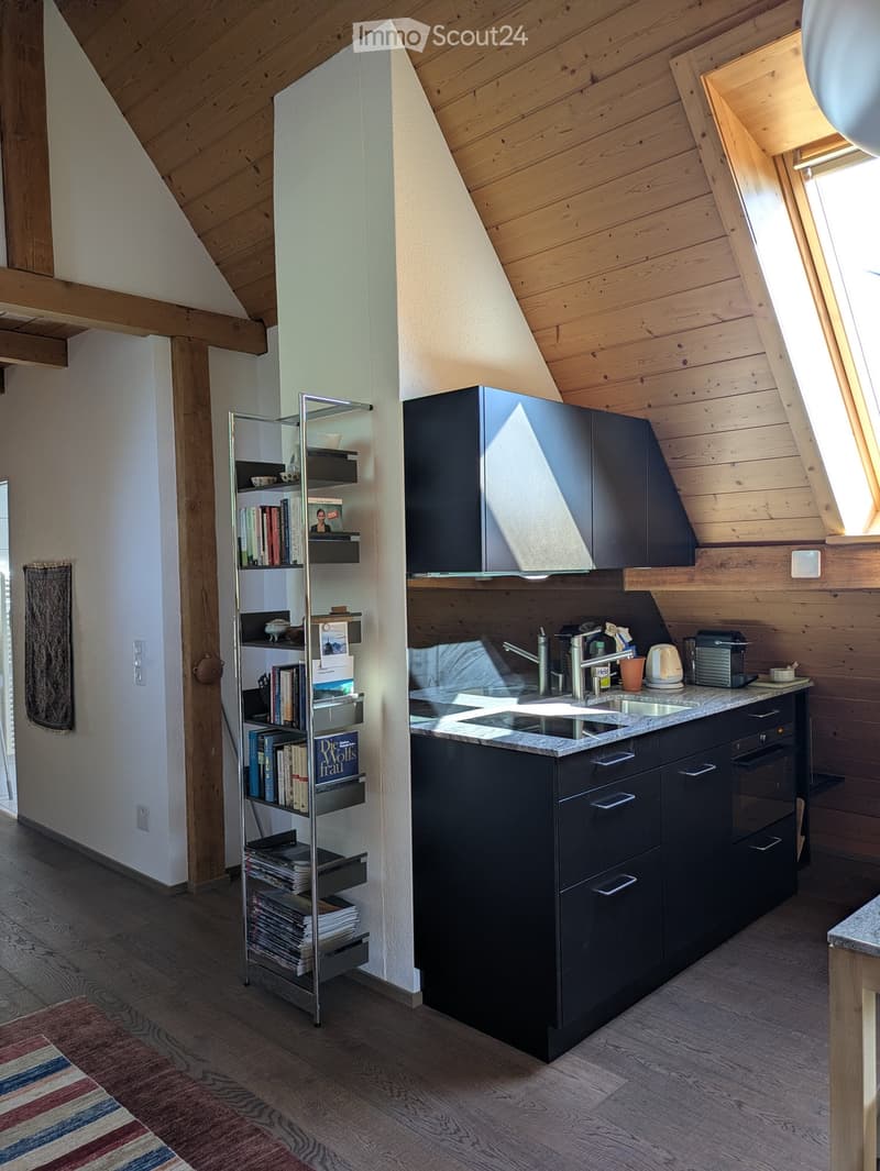 Modern kitchen with wooden ceiling, black cabinets, granite countertop, and a bookshelf filled with books.
