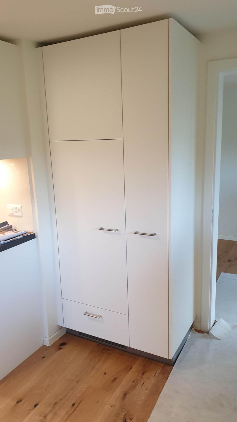 An empty room with a large white wardrobe against the wall, wooden floor, and a white carpet on the right side.