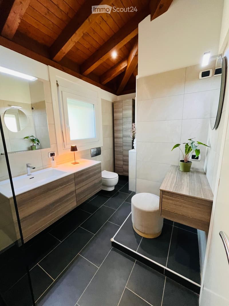 Modern bathroom with wooden ceiling, black tiles, white walls, and a wooden cabinet. Features a sink with a faucet, a mirror, a toilet, a lamp, a plant, and an ottoman.