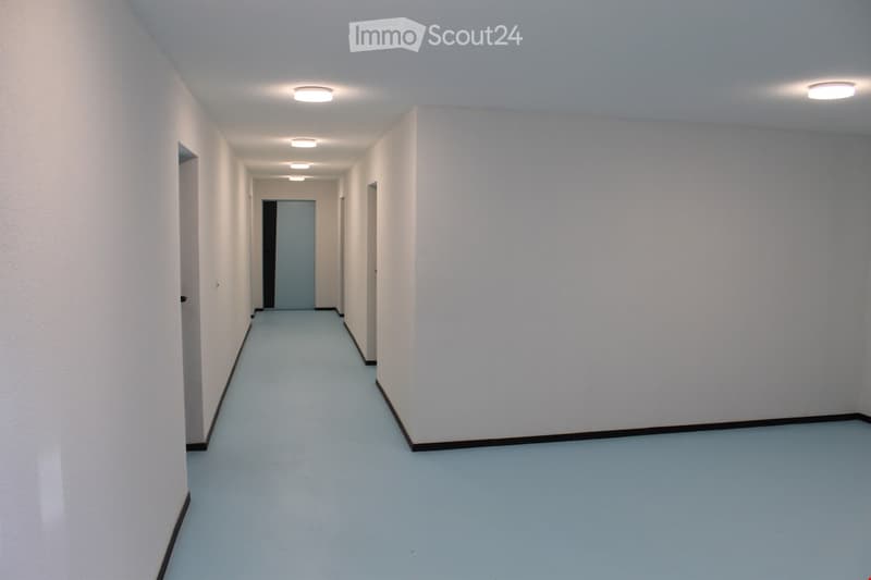 Corridor / Hallway. Empty corridor with white walls, blue floor, and recessed ceiling lights.