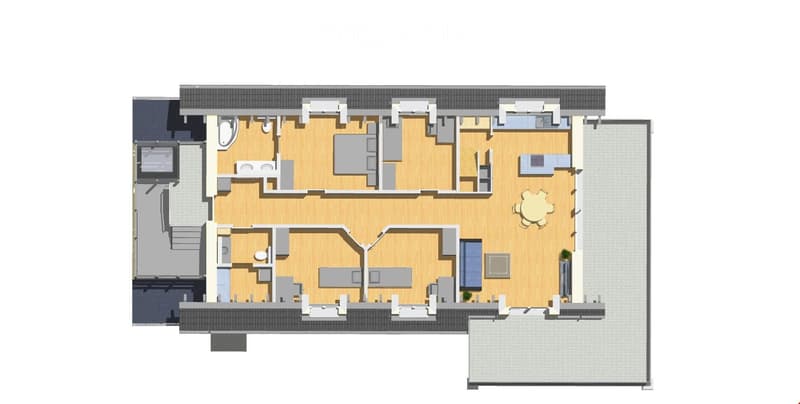 Floor Plan. Floor plan with living room, kitchen, 2 bedrooms, 2 bathrooms, and a dining area.