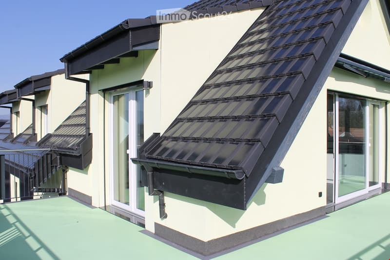 Building. A modern building with a black roof and glass windows. The building has a green roof and a white wall. The building has a glass door and a glass window with a white frame. The building has a black gutter and a black pipe. The building has a blac