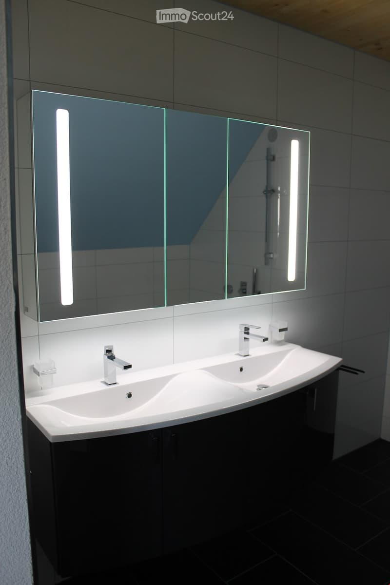 Bathroom. Modern bathroom with a double sink, large mirror, and built-in cabinets.