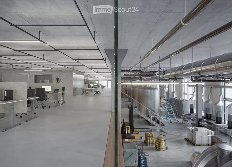 An empty room with a concrete floor, metal beams, and large windows. There are no visible objects or furniture.