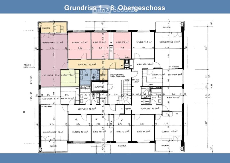 Floor plan showing layout of 8 units, each with living room, kitchen, bedrooms, and bathrooms.