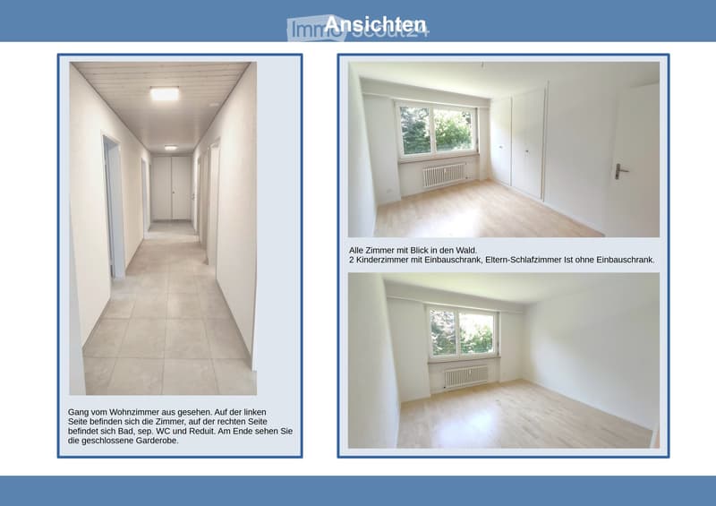 A hallway with tiled flooring and white walls. Doors are visible on both sides, and there is a ceiling light. The hallway leads to various rooms, including a bathroom, a separate WC, and a reduit. At the end of the hallway, there is a closed garden door.