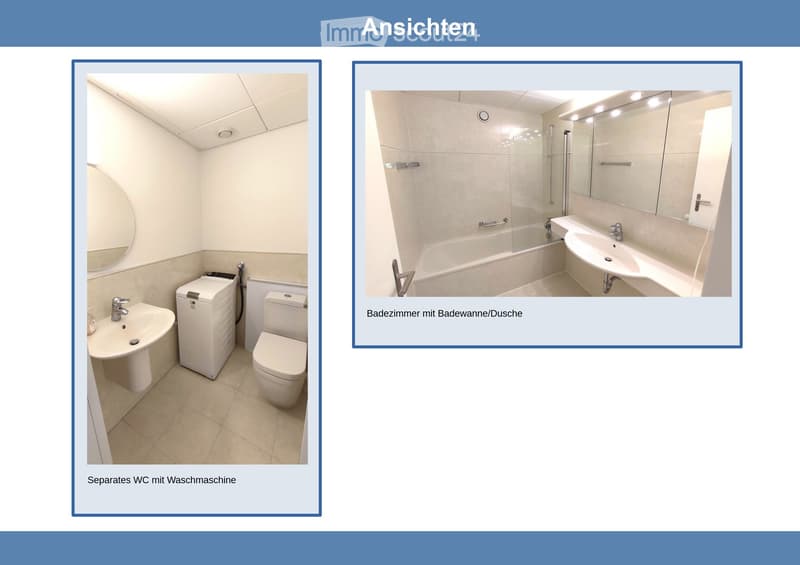 Bathroom with separate toilet and washing machine, and a bathroom with a bathtub and shower.