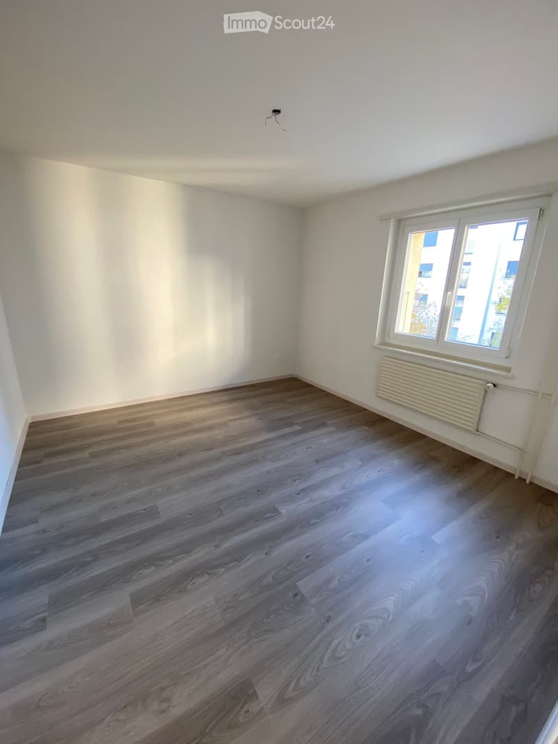 Empty room with light-colored wooden flooring, white walls, and a single window with white frame and radiator below it.