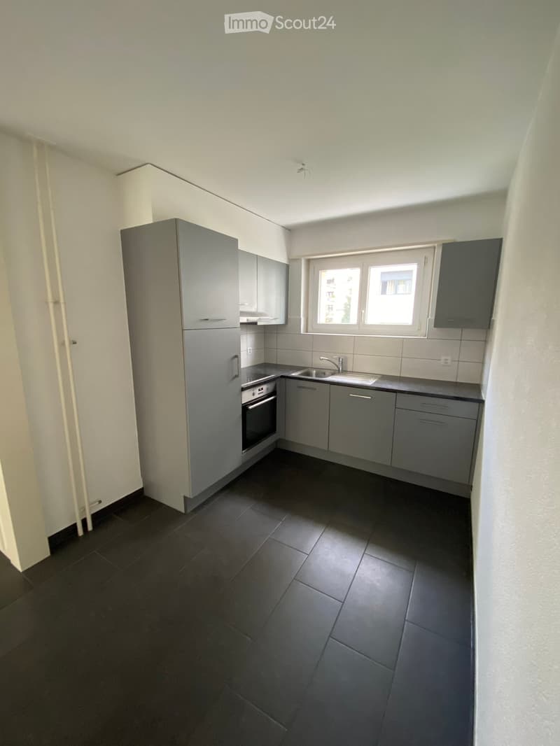 modern kitchen with gray cabinets, black tiled floor, stainless steel sink, oven, dishwasher, window