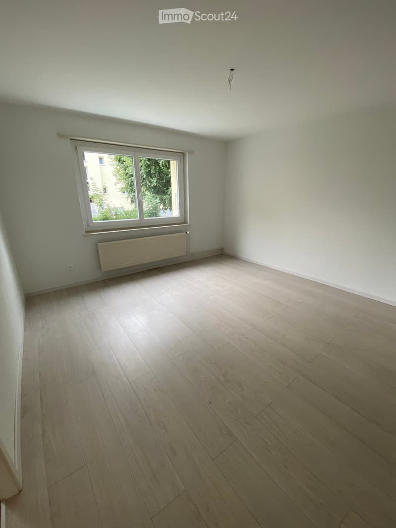 empty room, white walls, wooden floor, window, radiator