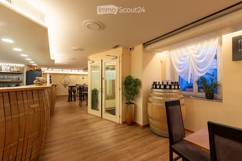 wooden counter, dining chairs, window, shelf, bar counter, wooden floor, bar table, potted plants