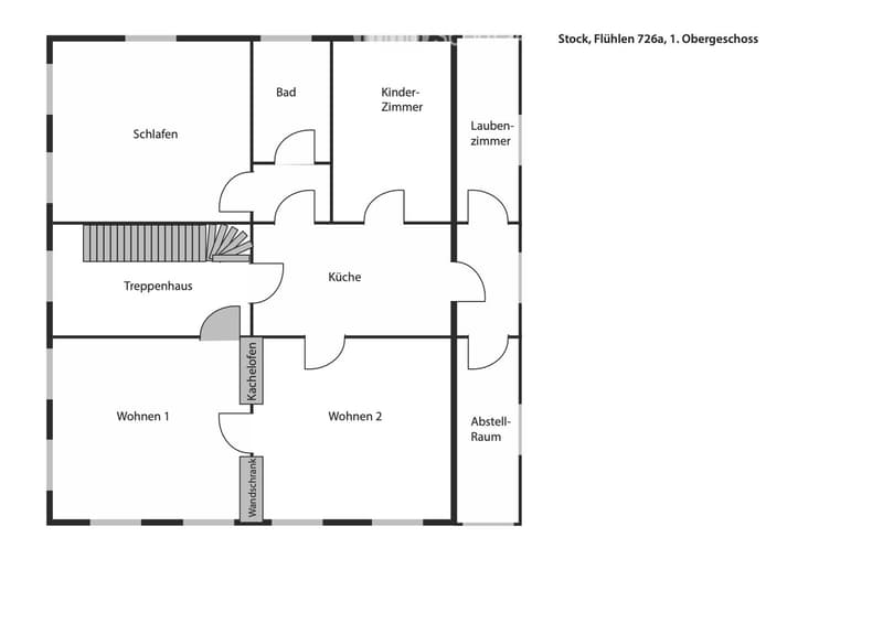 Floor plan of the first floor with entrance hall, kitchen, living room, two bedrooms, bathroom, and storage room.